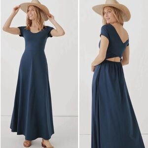 Pact organic cotton maxi dress blue criss cross back sz Small